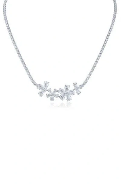 Cz By Kenneth Jay Lane Cubic Zirconia Flower Cluster Necklace In Silver