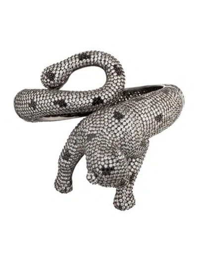Pre-owned Cz By Kenneth Jay Lane Cubic Zirconia Panther Hinged Bangle Bracelet, 7" In Multi