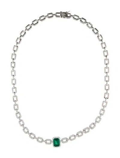Pre-owned Cz By Kenneth Jay Lane Cubic Zirconia Pave Emerald Chain Link Necklace, 17" In Multi