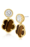 Cz By Kenneth Jay Lane Cz & Clover Dangle Earrings In Tiger Eye / Gold