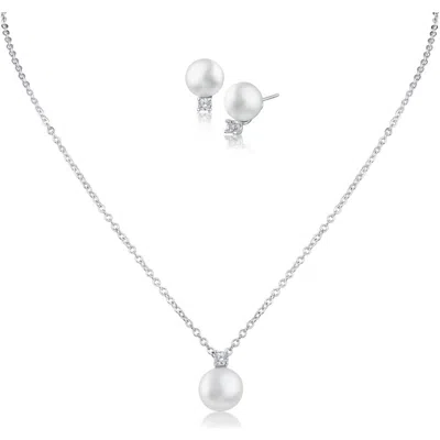 Cz By Kenneth Jay Lane Cz & Freshwater Pearl Pendant Necklace & Stud Earrings Set In White/clear/silver