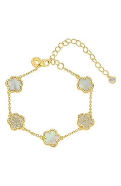 Cz By Kenneth Jay Lane Cz Clover Station Chain Bracelet In Mother Of Pearl/gold