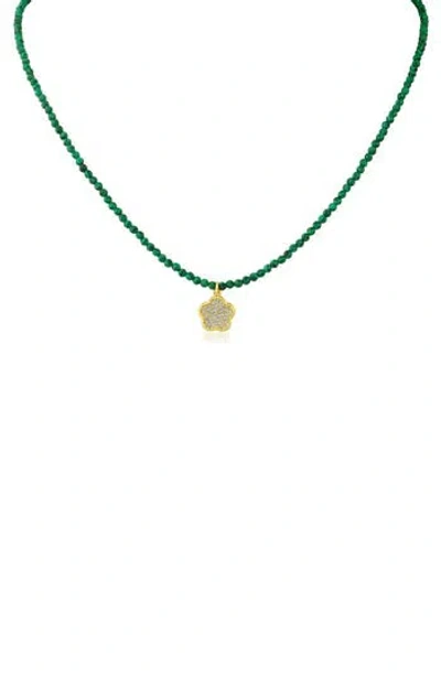 Cz By Kenneth Jay Lane Cz Pavé Clover Glass Bead Necklace In Green