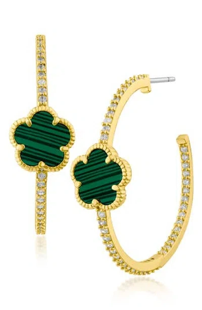 Cz By Kenneth Jay Lane Cz Pavé Clover Hoop Earrings In Green/gold