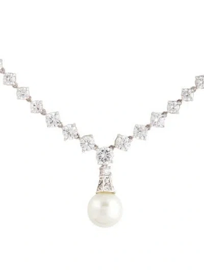 Pre-owned Cz By Kenneth Jay Lane Cz Round & Faux Pearl Drop Pendant Necklace, 16" In White