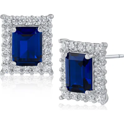 Cz By Kenneth Jay Lane Emerald Cut Cz Pavé Halo Stud Earrings In Metallic