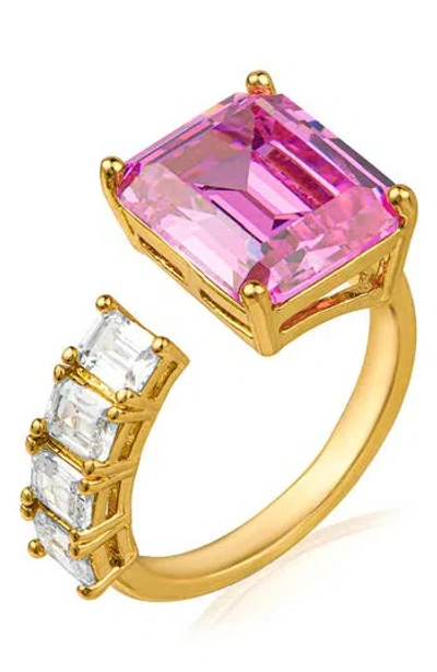 Cz By Kenneth Jay Lane Emerald Cut Pink Cz & White Cz Open Band Ring In Gold