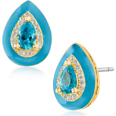 Cz By Kenneth Jay Lane Enamel Border Cubic Zirconia Halo Stud Earrings In Gold