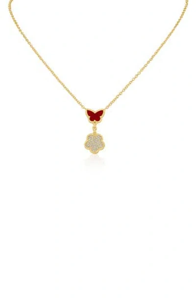Cz By Kenneth Jay Lane Faux Coral Butterfly & Cz Pavé Clover Drop Pendant Necklace In Gold