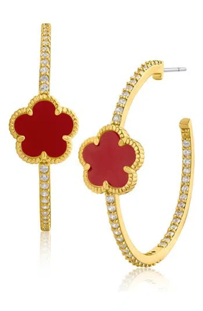 Cz By Kenneth Jay Lane Faux Coral Clover Cubic Zirconia Pavé Hoop Earrings In Gold