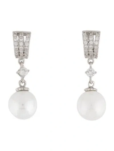 Pre-owned Cz By Kenneth Jay Lane Faux Pearl & Crystal Drop Earrings In White