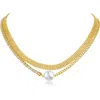Cz By Kenneth Jay Lane Faux Pearl & Cz Curb Chain Necklace In White/clear/gold