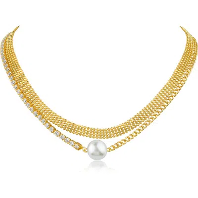 Cz By Kenneth Jay Lane Faux Pearl & Cz Curb Chain Necklace In Gold