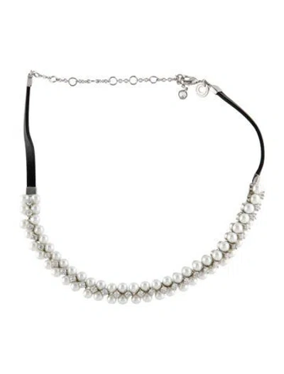 Pre-owned Cz By Kenneth Jay Lane Faux Pearl, Leather & Cubic Zirconia Choker Necklace, 16" In Transparent
