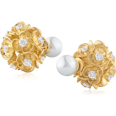 Cz By Kenneth Jay Lane Floral Cubic Zirconia Front-back Earrings In Gold