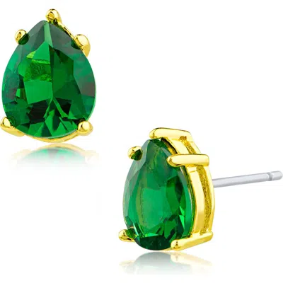 Cz By Kenneth Jay Lane Green Cz Pear Stud Earrings In Emerald/gold