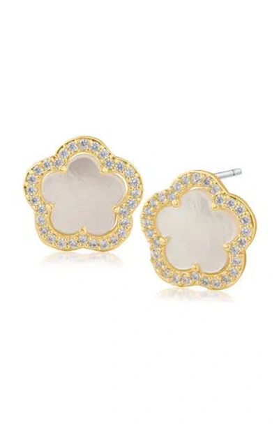 Cz By Kenneth Jay Lane Mother-of-pearl & Cubic Zirconia Halo Clover Stud Earrings In Mop/clear Gold