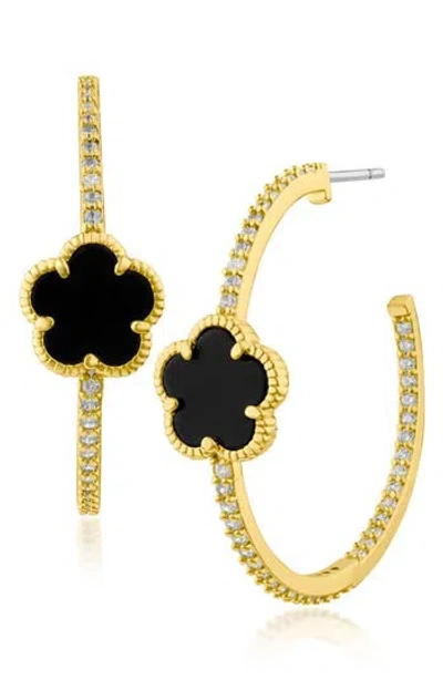 Cz By Kenneth Jay Lane Pavé Clover Hoop Earrings In Black/gold