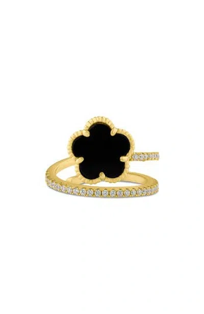 Cz By Kenneth Jay Lane Pavé Clover Wrap Ring In Black/gold