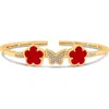 Cz By Kenneth Jay Lane Pavé Cubic Zirconia Butterfly & Red Clover Flexible Cuff Bracelet In Red/clear Gold