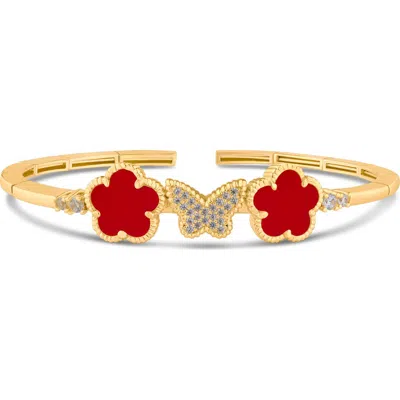 Cz By Kenneth Jay Lane Pavé Cubic Zirconia Butterfly & Red Clover Flexible Cuff Bracelet In Gold