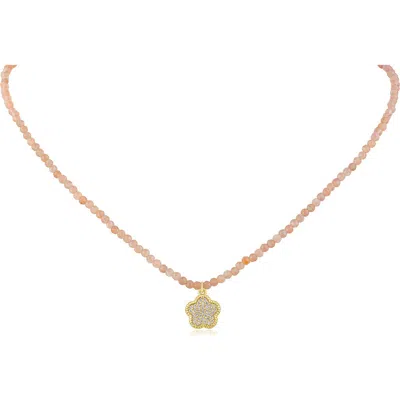 Cz By Kenneth Jay Lane Pavé Cubic Zirconia Clover Pendant Rose Quartz Beaded Necklace In Gold
