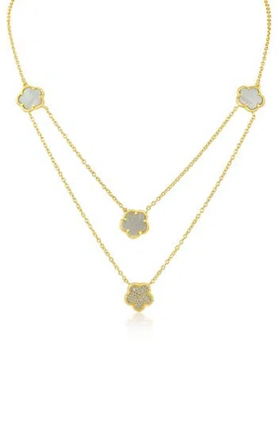 Cz By Kenneth Jay Lane Pavé Cubic Zirconia Clover Station Layered Necklace In Mother Of Pearl/clear/gold