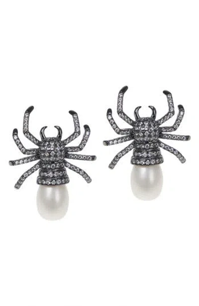 Cz By Kenneth Jay Lane Pavé Cz & 10mm Freshwater Pearl Spider Earrings In Metallic