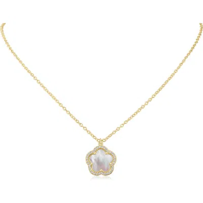 Cz By Kenneth Jay Lane Pavé Mother-of-pearl Clover Pendant Necklace In Mop/clear Gold