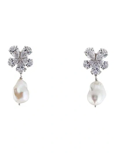 Pre-owned Cz By Kenneth Jay Lane Pearl & Cubic Zirconia Clip-on Drop Earrings In Transparent