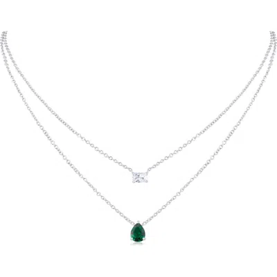 Cz By Kenneth Jay Lane Pearl & Emerald Cut Cubic Zirconia Layered Chain Necklace In Silver