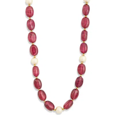Cz By Kenneth Jay Lane Synthetic Ruby & Faux Pearl Necklace In Red