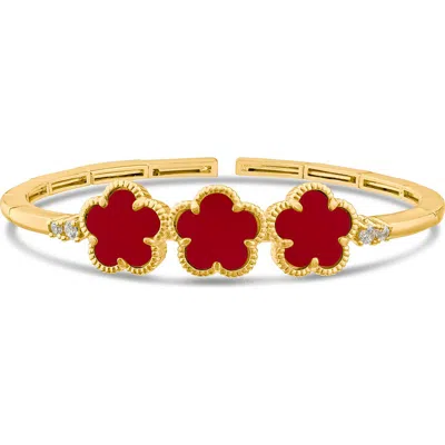 Cz By Kenneth Jay Lane Triple Clover Flexible Cuff Bracelet In Red