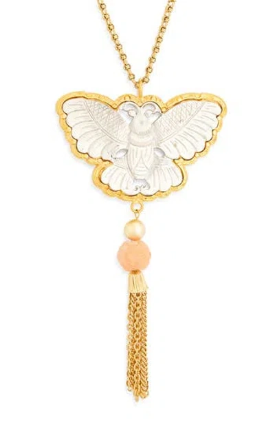 Cz By Kenneth Jay Lane Two-tone Butterfly Tassel Necklace In Gold
