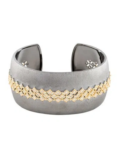 Pre-owned Cz By Kenneth Jay Lane Two-tone Cubic Zirconia Cuff Bracelet, 6.25" In Transparent