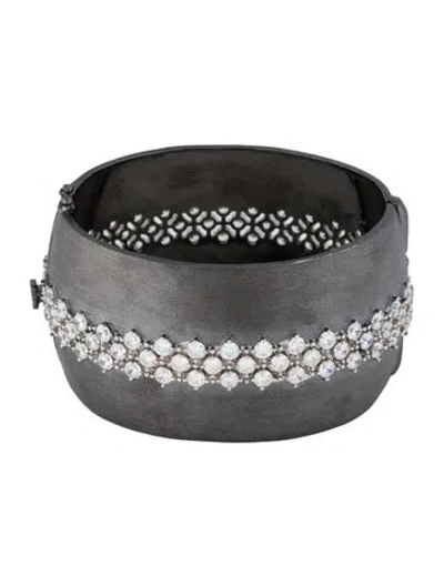 Pre-owned Cz By Kenneth Jay Lane Two-tone Cubic Zirconia Hinged Bangle Bracelet, 6.5" In Transparent