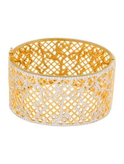 Pre-owned Cz By Kenneth Jay Lane Two-tone Cubic Zirconia Hinged Bangle Bracelet, 6.5" In Transparent