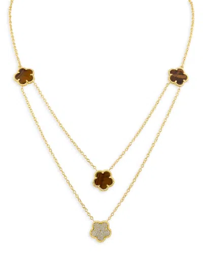 Cz By Kenneth Jay Lane Women's 14k Goldplated, Cubic Zirconia & Faux Tiger's Eye Layered Necklace In Brass
