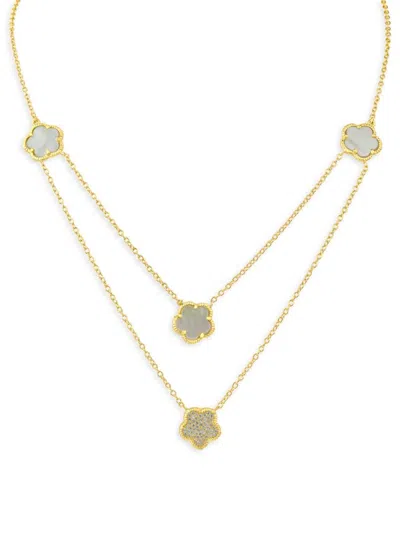 Cz By Kenneth Jay Lane Women's Look Of Real 14k Goldplated, Mother Of Pearl & Cubic Zirconia Clover Necklace In Brass