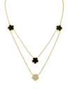 CZ BY KENNETH JAY LANE WOMEN'S LOOK OF REAL 14K GOLDPLATED, MOTHER OF PEARL & FAUX ONYX LAYERED CLOVER NECKLACE