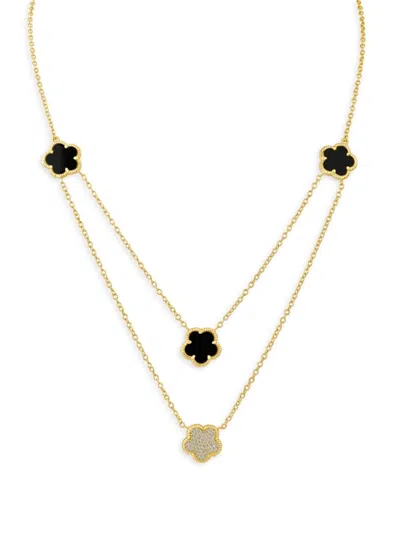 Cz By Kenneth Jay Lane Women's Look Of Real 14k Goldplated, Mother Of Pearl & Faux Onyx Layered Clover Necklace
