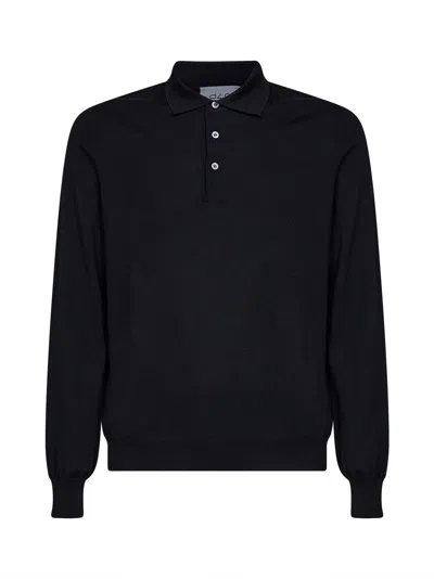 D 4.0 Black Virgin Wool Knit Long-sleeved Polo Shirt