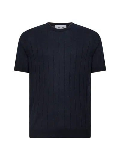 D 4.0 Blue Flat-ribbed Cotton Knit Crewneck Sweater