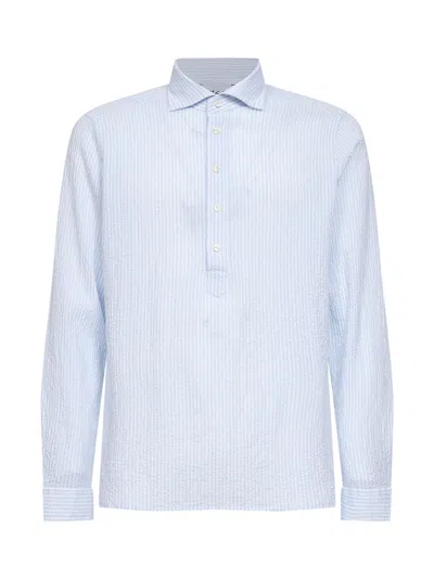 D 4.0 Light Blue And White Striped Seersucker Shirt-style Polo Shirt
