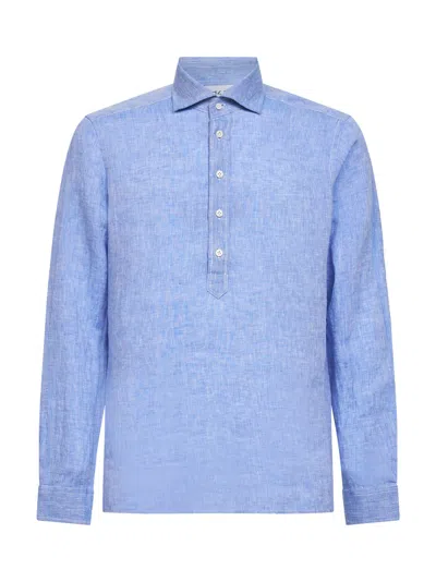 D 4.0 Light Blue Linen Shirt-style Polo Shirt