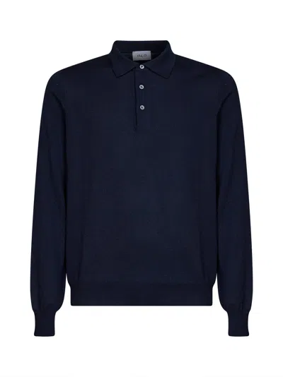 D 4.0 Navy Blue Virgin Wool Knit Long-sleeved Polo Shirt