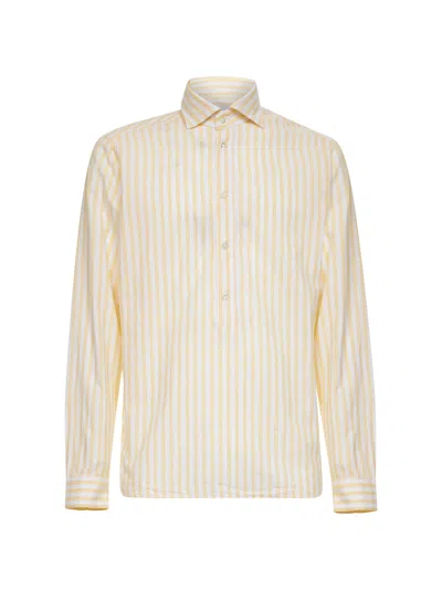 D 4.0 Yellow Striped Cotton And Linen Polo Shirt-like Shirt In Blue