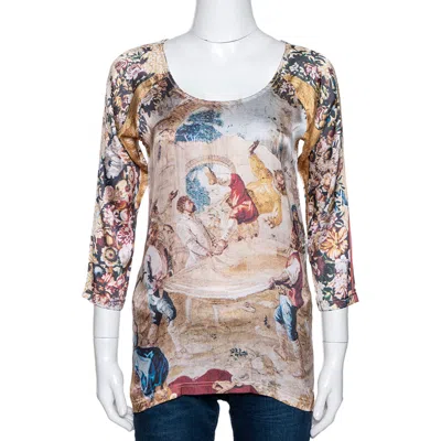 D & G Beige Abstract Printed Stretch Silk Long Sleeve Top M In Neutral