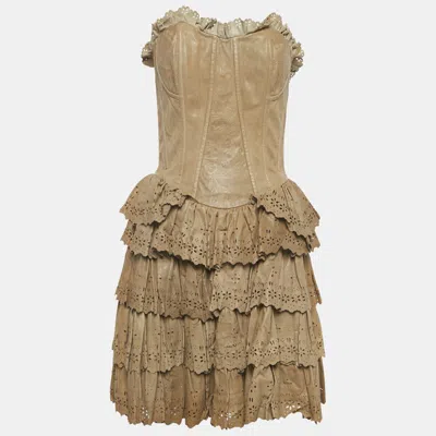 Pre-owned D & G Beige Leather Eyelet Strapless Mini Dress M In Sand