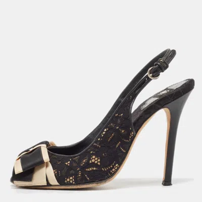 D & G Black Black Leather And Lace Bow Peep Toe Slingback Pumps Size 39